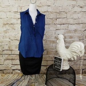 LOFT Navy Blue Blouse Sleeveless Top Swiss Dot Casual Shirt Cotton Preppy Work M